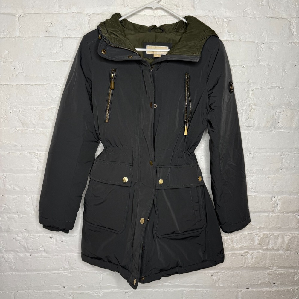 Michael Kors Missy Anorak Parka Jacket Size XS Gray and Green Down Blend